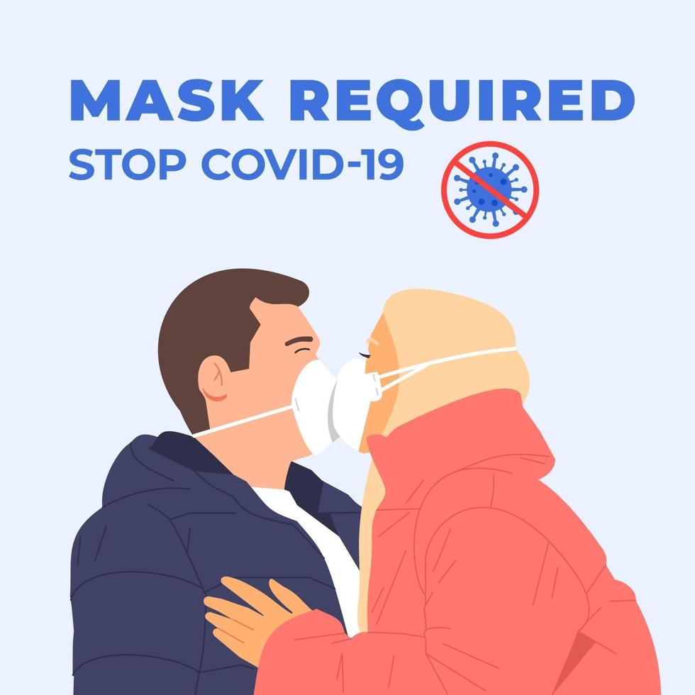 casal feliz beijando com máscaras. coronavírus, covid, ncov, stop, conceito de proteção de saúde. proteção da ilustração do coronavírus. quarentena médica. saúde preventiva segurança vetor