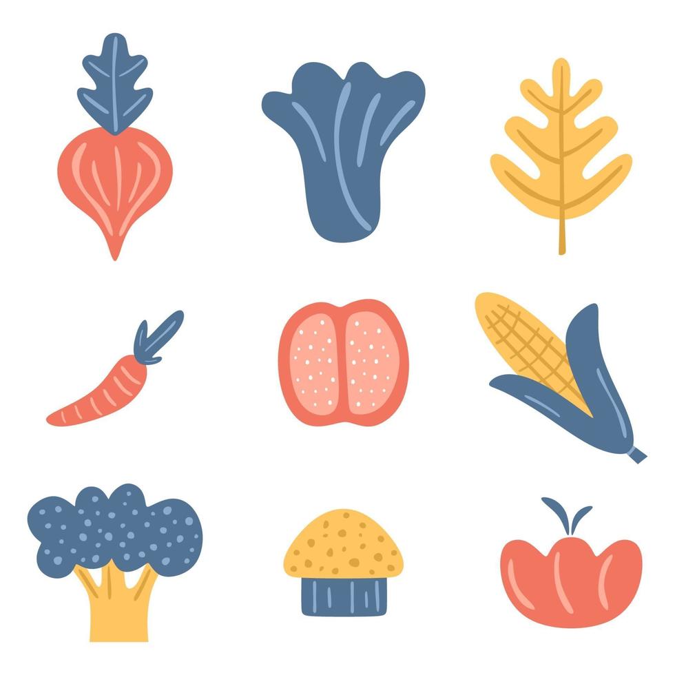 coleção de vegetais. tomate, cenoura, brócolis, milho doce, cogumelos, cebola. mão desenhada elementos de design de alimentos frescos isolados no fundo branco. ilustração vetorial vetor