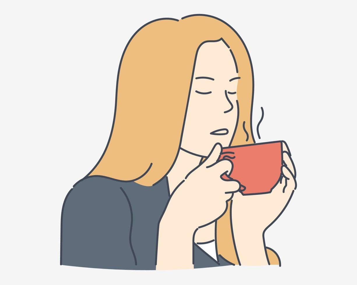 hora do café, relaxamento, conceito aconchegante. jovem ou menina gosta de tomar café da manhã. mão desenhada estilo ilustrações vetoriais. vetor