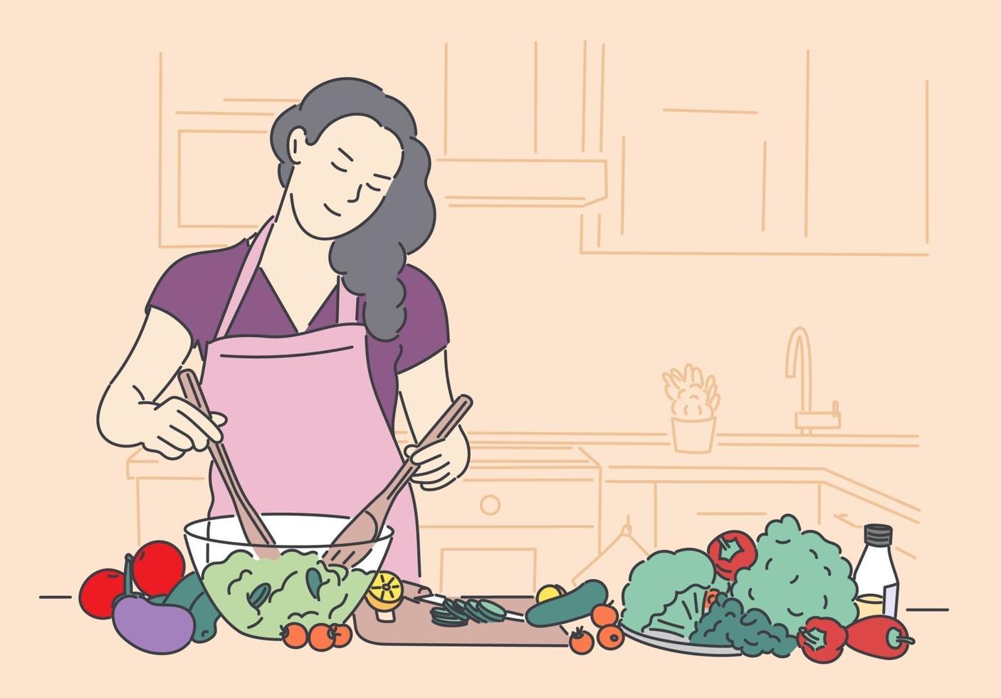 saúde, vegan, comida, conceito de cozinha. mulher garota fogão vegetariano em pé com comida saudável frutas e vegetais no restaurante em casa. estilo de vida saudável e nutrição ou dieta adequada vetor