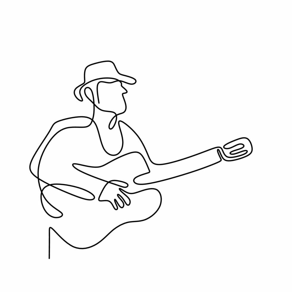 desenho de linha única do jovem guitarrista no palco e tocando sua guitarra elétrica. em pé jovem macho com chapéu, mostrando suas habilidades com o violão. conceito de desempenho do artista músico. ilustração vetorial vetor