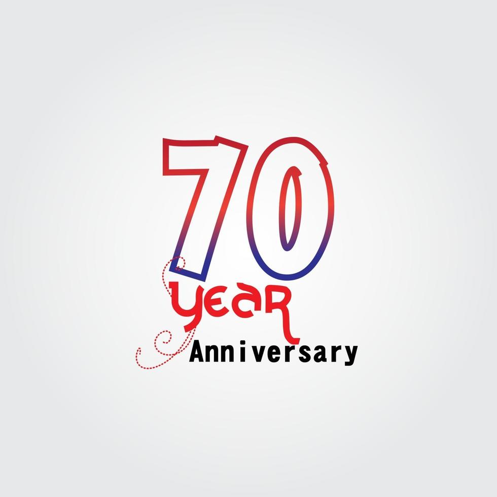 Logotipo de comemoração de aniversário de 70 anos. logotipo de aniversário com a cor vermelha e azul isolada em fundo cinza, desenho vetorial para celebração, cartão de convite e cartão de felicitações vetor