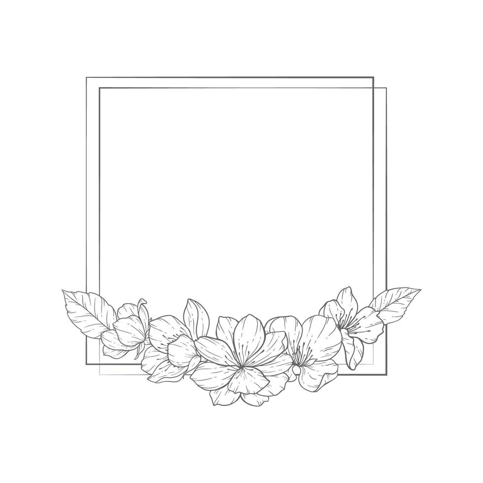 floral linha arte quadro, sakura flor esboço ilustração definir. mão pintado rabisco flores perfeito para Casamento convites, nupcial chuveiro e floral cumprimento cartões. Preto e branco estêncil flores vetor