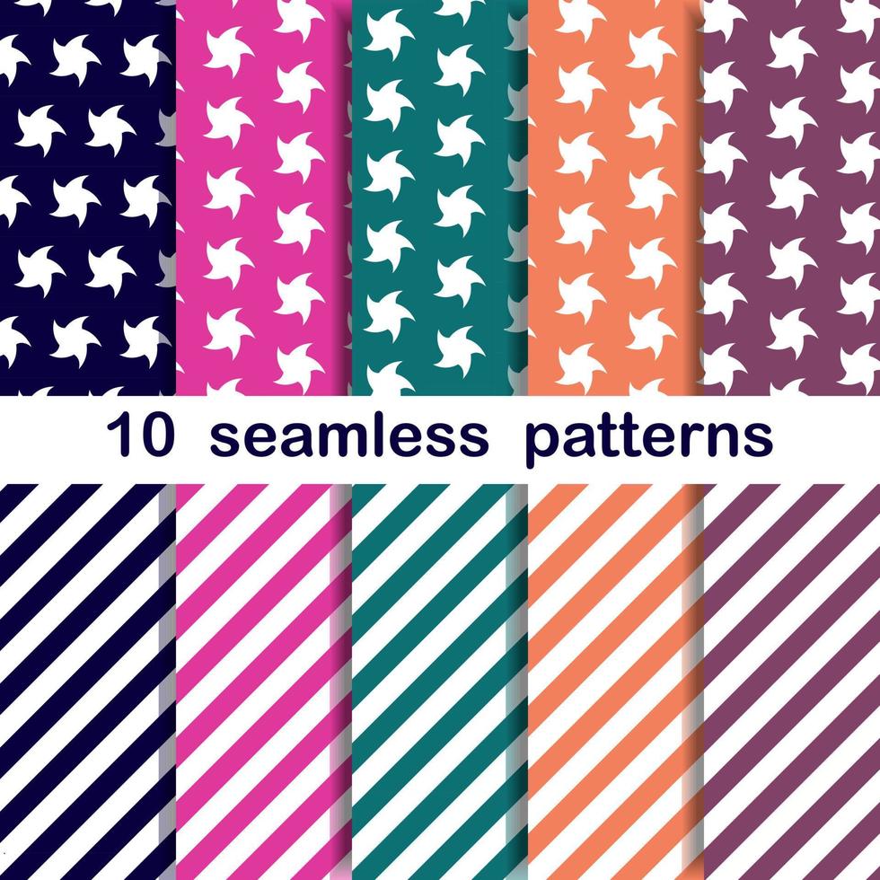 10 desatado padrões com estrelas e listras dentro diferente cores. vetor