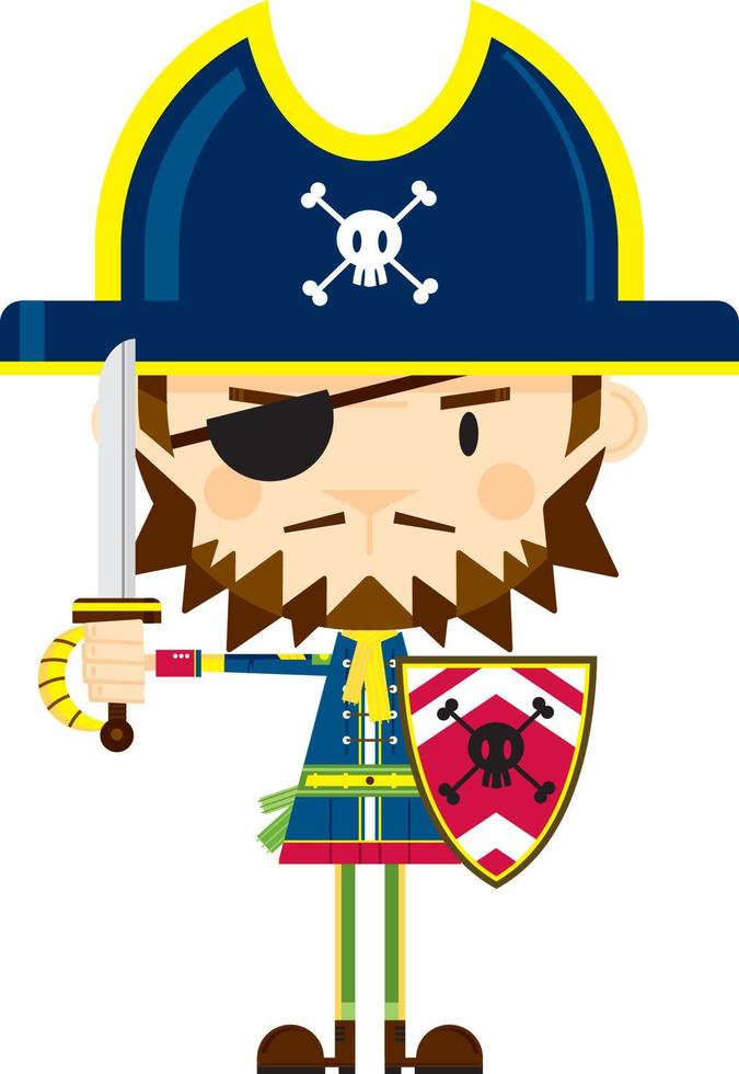 desenho animado fanfarrão pirata capitão com espada e escudo vetor