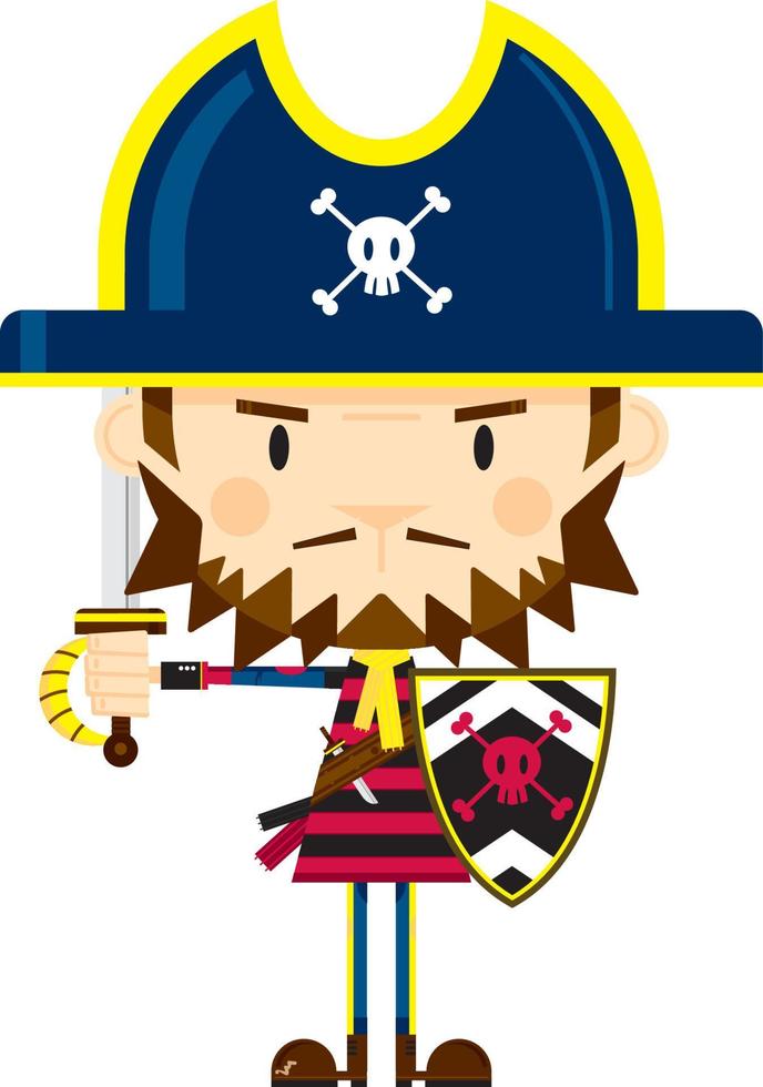 desenho animado fanfarrão pirata capitão com espada e escudo vetor