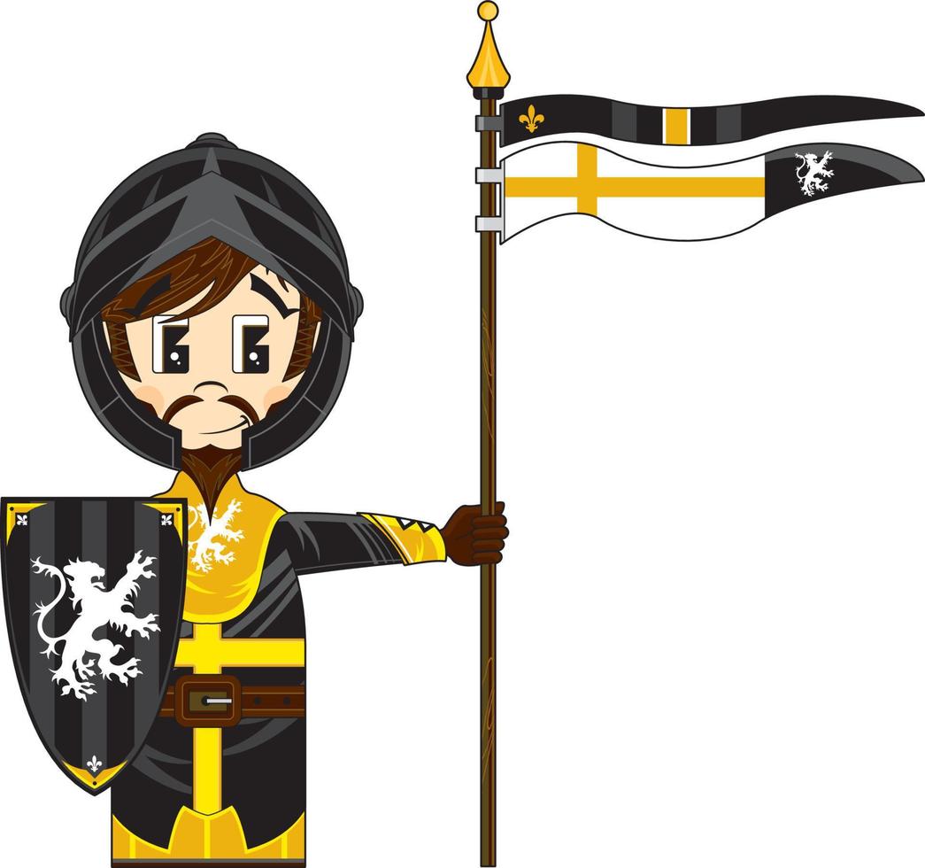 fofa desenho animado bravo medieval cavaleiro com escudo e bandeira vetor