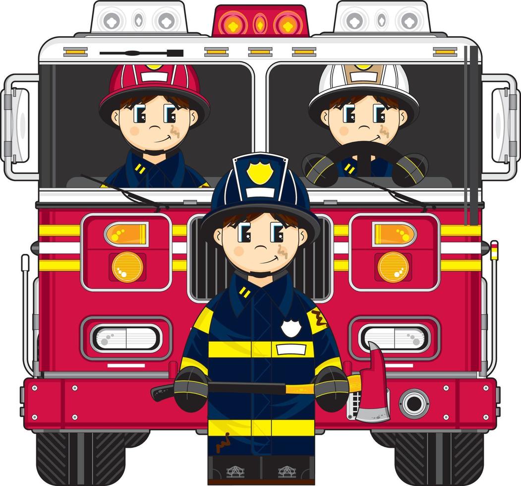 fofa desenho animado bombeiros e fogo motor vetor