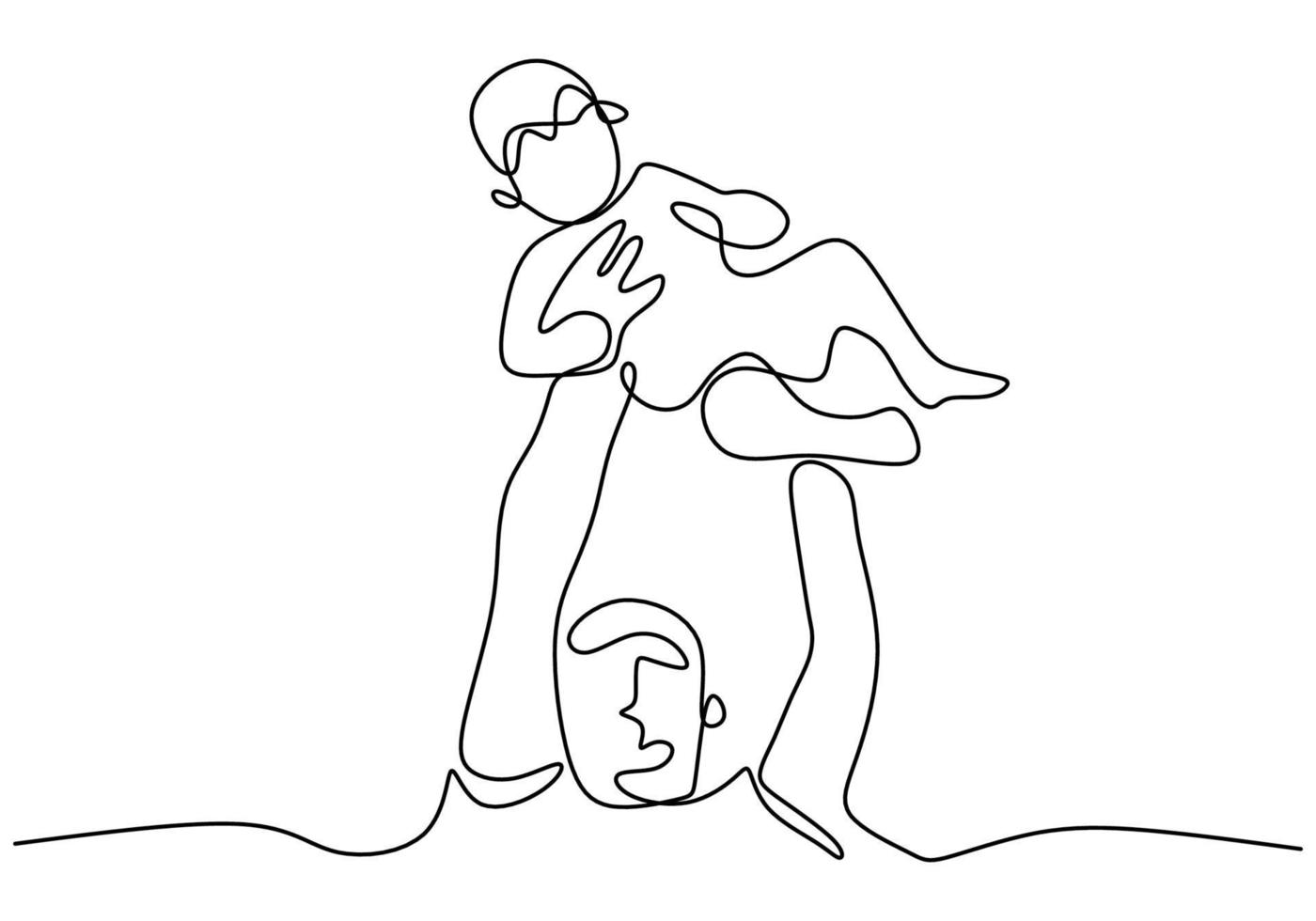 um desenho de linha de pai e filho. jovem sorriso papai segurando um menino e o levanta. conceito de família feliz isolado no fundo branco. ilustração de desenho vetorial. desenho minimalista vetor