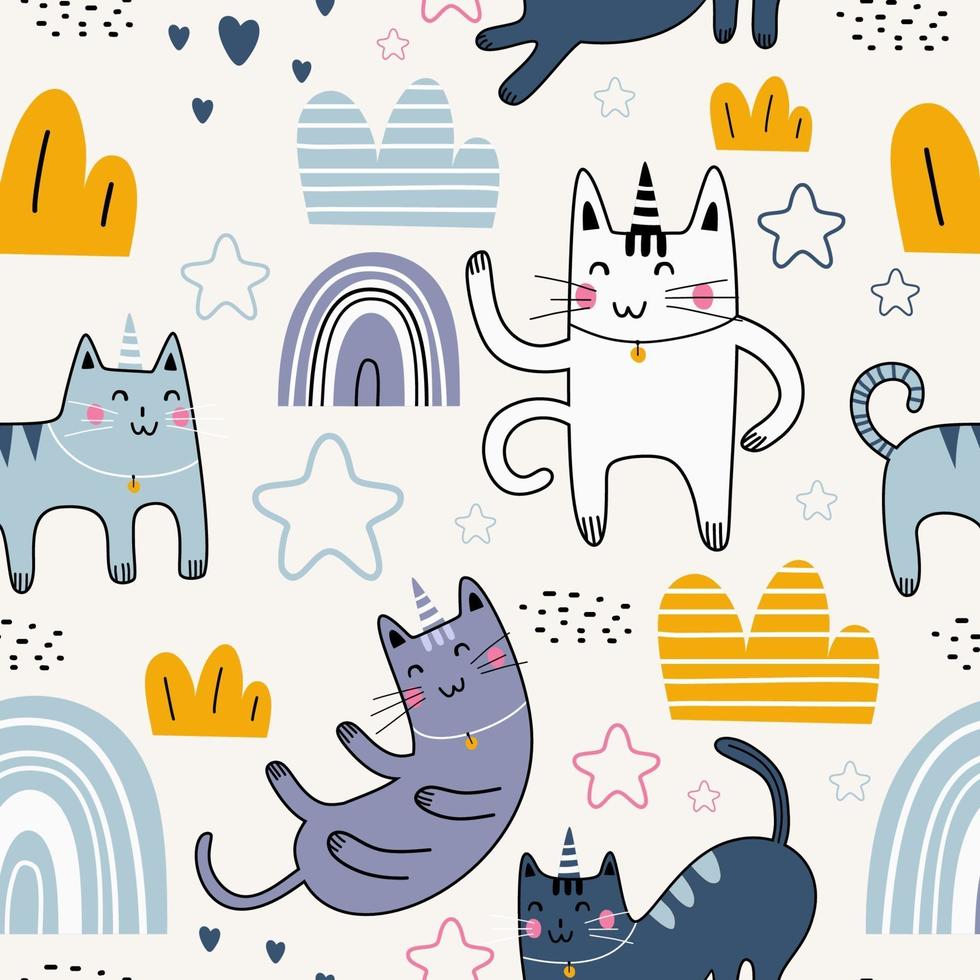 padrão sem emenda de gato bonito com personagem bonito. gato animal engraçado com estrela, arco-íris, nuvens, amor e planta. imagem vetorial isolada em um fundo branco. imprimir têxteis para crianças vetor