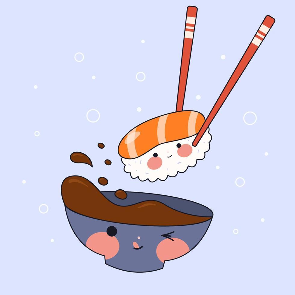 fofa Sushi conjunto com sorridente face e Rosa bochechas. Sushi tempo. kawaii rolos. japonês tradicional cozinha pratos. estoque vetor ilustração.