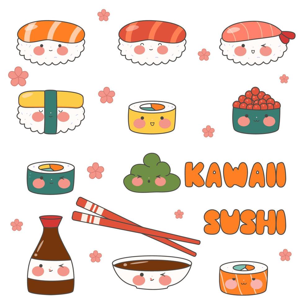 fofa sem fim padronizar com Sushi, rolos e gunkans. kawaii enfeite com tradicional japonês Comida. ásia cozinha. estoque vetor ilustração.
