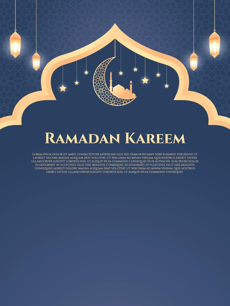 Ramadã kareem poster modelo com enfeite dourado lanterna e mesquita em crescente lua vetor fundo Projeto