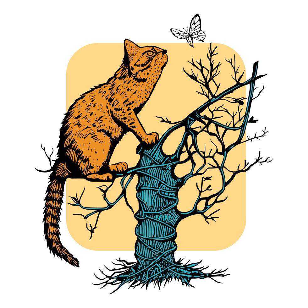 gato escalada árvore perseguindo borboleta vetor