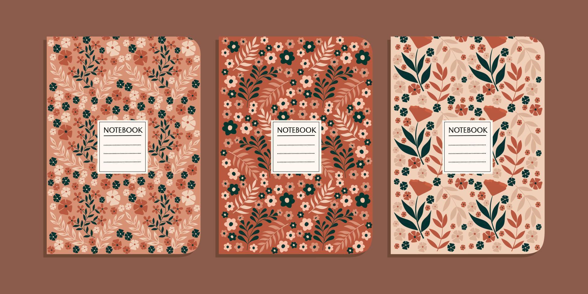 conjunto do Nota livro cobrir modelo com mão desenhado floral padronizar. abstrato retro botânico background.size a4 para cadernos, planejadores, escola, brochuras, livros, catálogos vetor