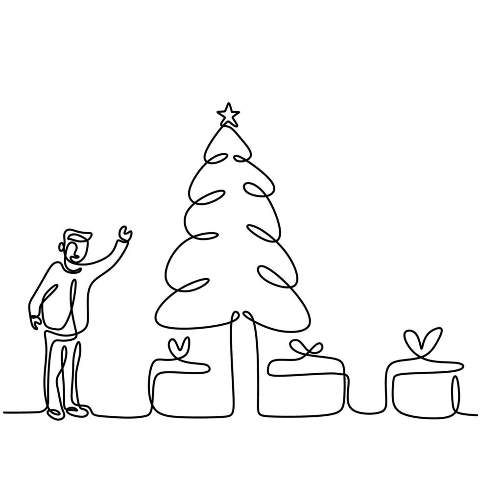 menino em pé com árvore de Natal e caixa de presente contínua um desenho de ling. crianças felizes na celebração do Natal, isolado no fundo branco. conceito de feliz natal e feliz ano novo vetor