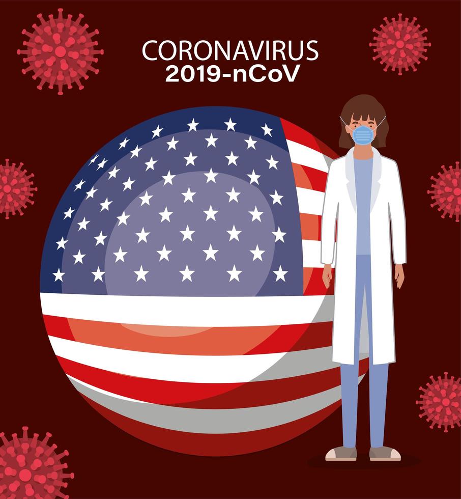 banner de coronavírus com desenho de vetor médico e bandeira dos EUA