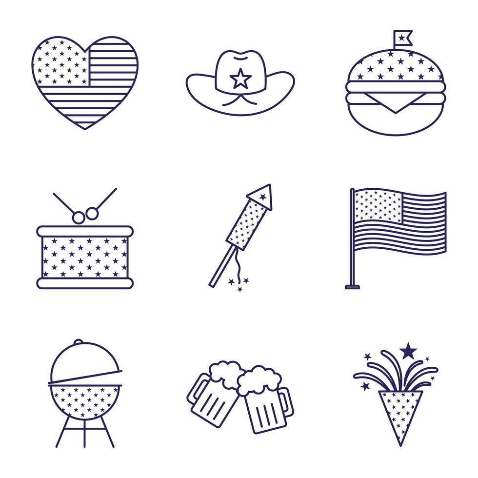 conjunto de ícones de estilo de linha do dia da independência vetor