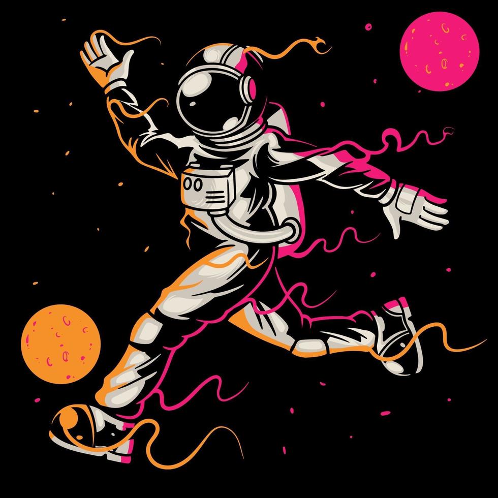 astronauta jogando futebol ou futebol no espaço em fundo preto. astronauta desportivo chuta a bola entre estrelas e galáxias de planetas lunares. bom para imprimir design de t-shirt vestuário crianças vetor