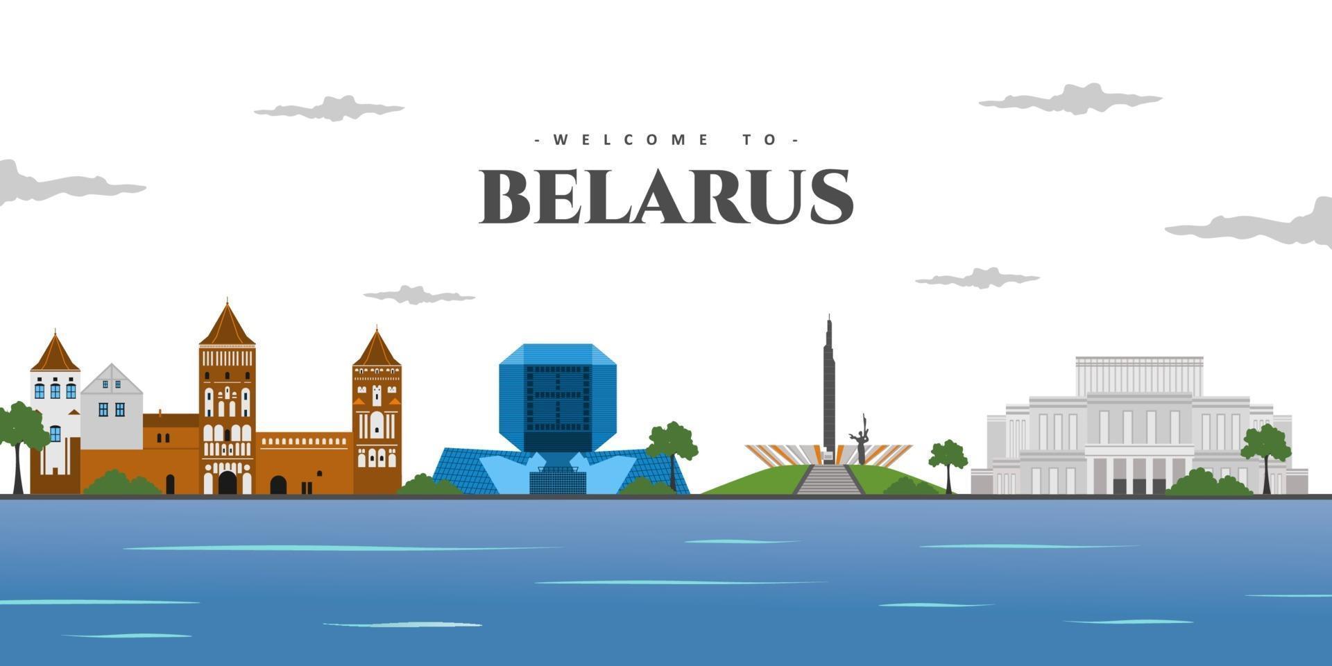 bela paisagem da cidade da Bielorrússia com marco arquitetônico mundial. fundo de viagens. edifícios de país de fundo e local para férias turísticas. ilustração colorida do projeto do vetor. vetor