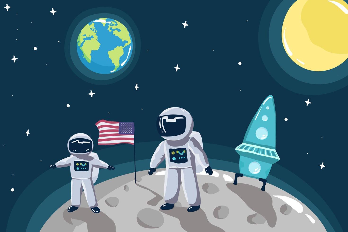 fofa pequeno astronauta ficar de pé em a lua com EUA flag.space missão. infantil vetor ilustração