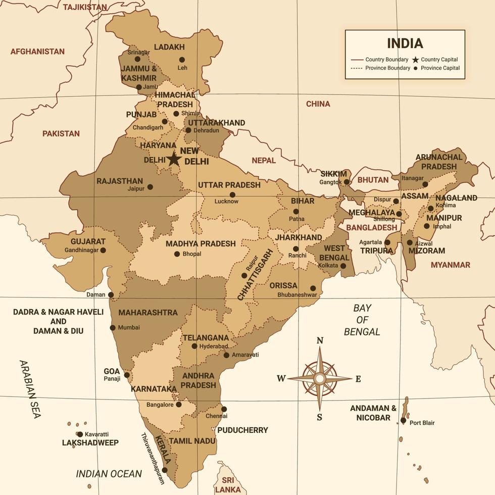 Índia país mapa com em torno da fronteira vetor