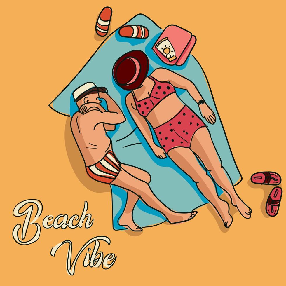 de praia vibração, a adulto casal deitado dentro a Sol. vetor Projeto do uma verão poster dentro uma simples estilo contorno ilustração com cor representando uma casal banhos de sol em a areia. impressão bandeira e folheto