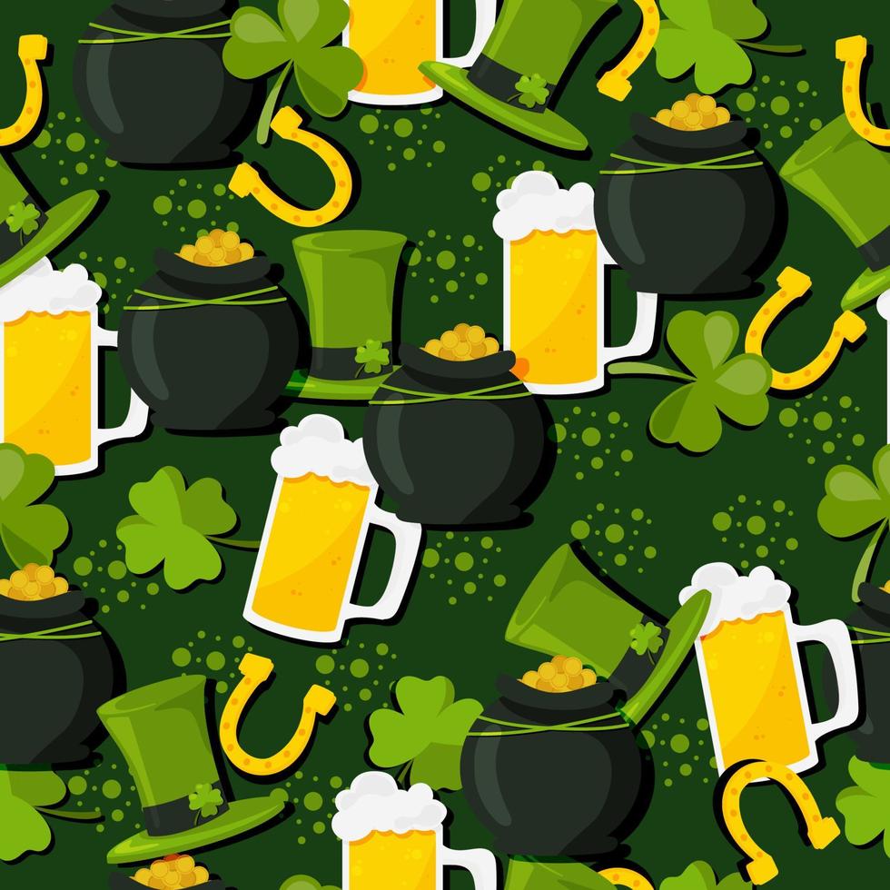 brilhante desatado padronizar em uma verde fundo com cerveja, irlandês chapéu, trevo e ouro moedas. vetor