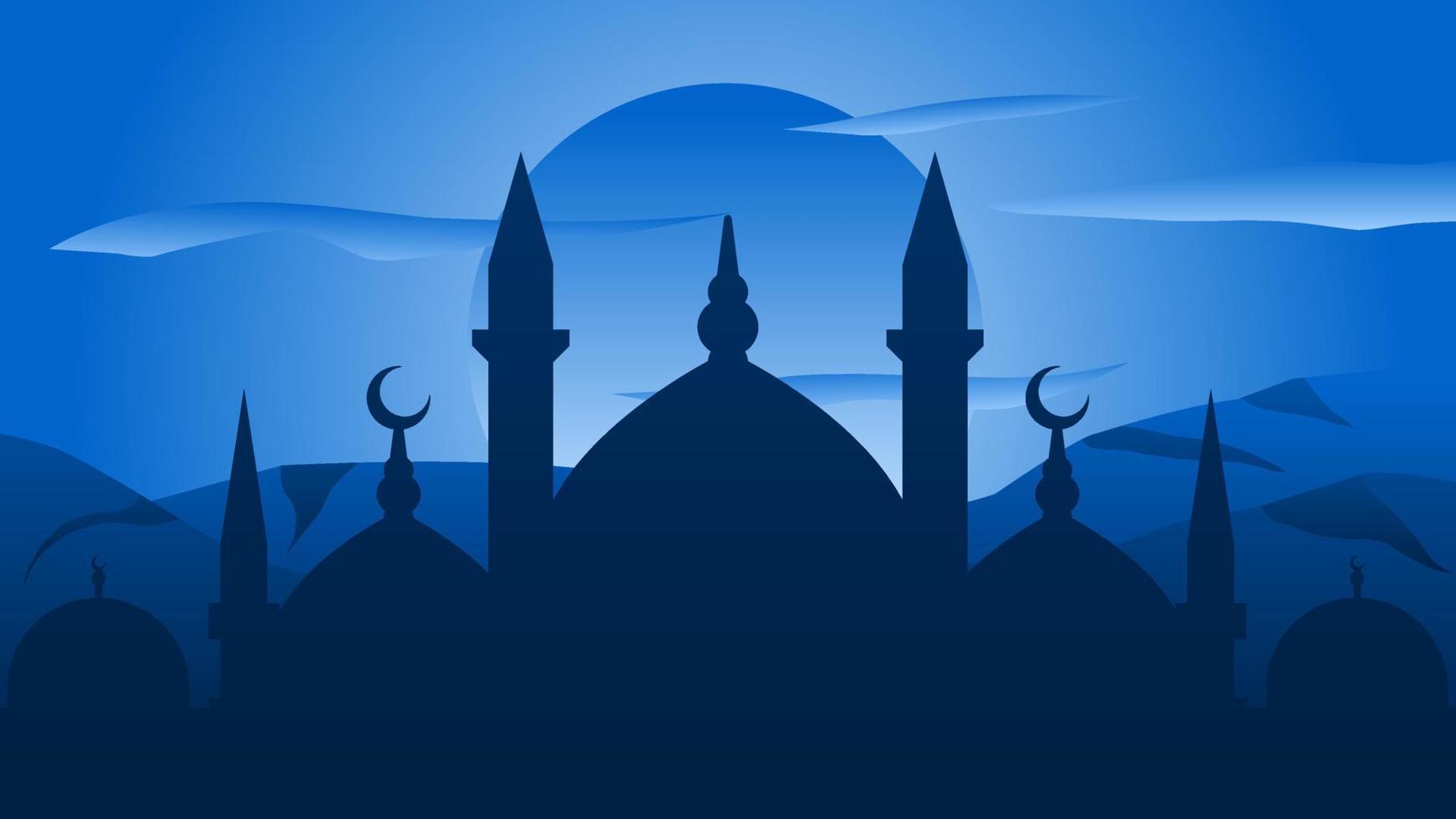fundo do silhueta mesquita com azul céu para islâmico Projeto. panorama elemento para Projeto gráfico Ramadã cumprimento dentro muçulmano cultura e islamismo religião. Ramadã papel de parede do mesquita e Colina vetor