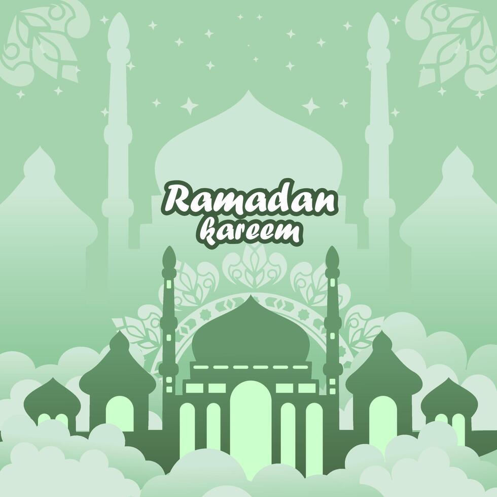 ilustração do uma Ramadã kareem bandeira com uma luz verde mesquita objeto com uma silhueta atrás isto e árabe estrelas e enfeites vetor