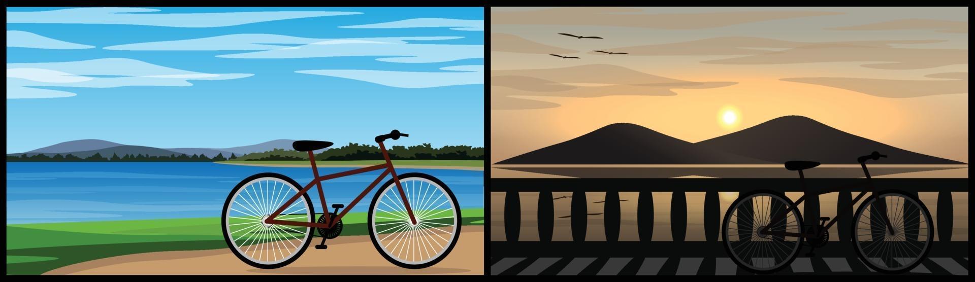 duas imagens de uma bicicleta estacionada perto de um lindo lago natural vetor