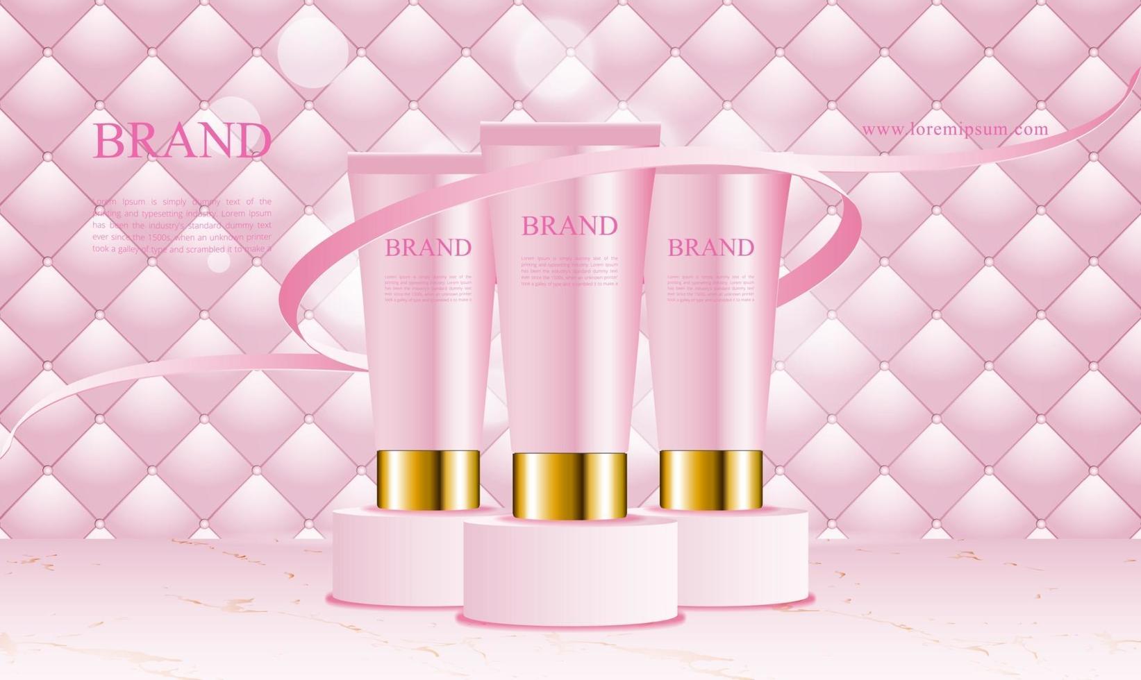 fundo rosa uphostery com produtos cosméticos pódio vetor