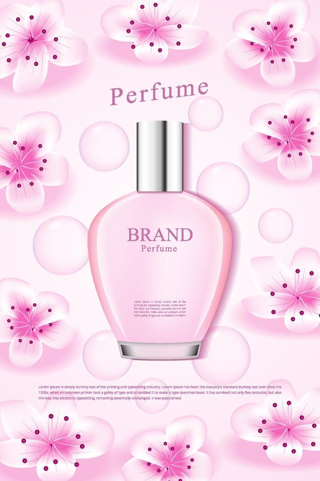anúncio de perfume de flor de cerejeira com gotas de água rosa vetor