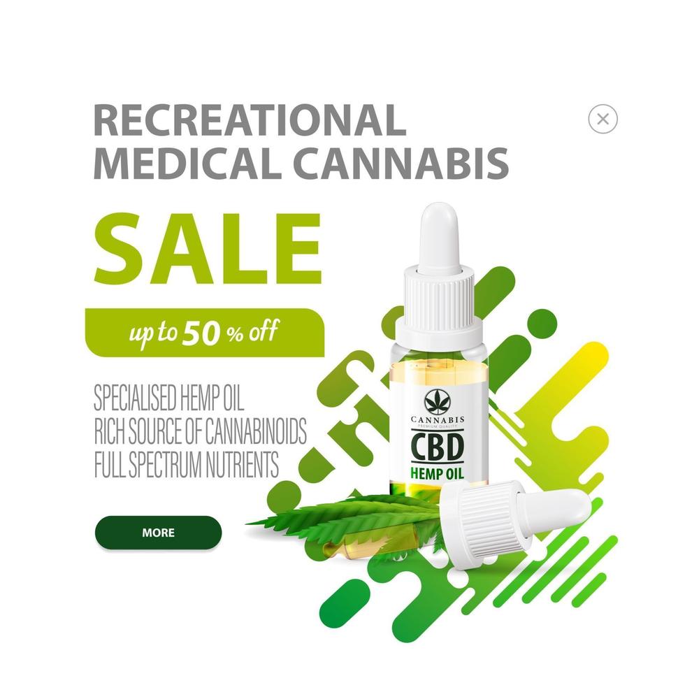 Cannabis medicinal recreativa, pop-up de desconto branco e verde para site com garrafa de óleo cbd com pipeta e fundo abstrato líquido verde vetor