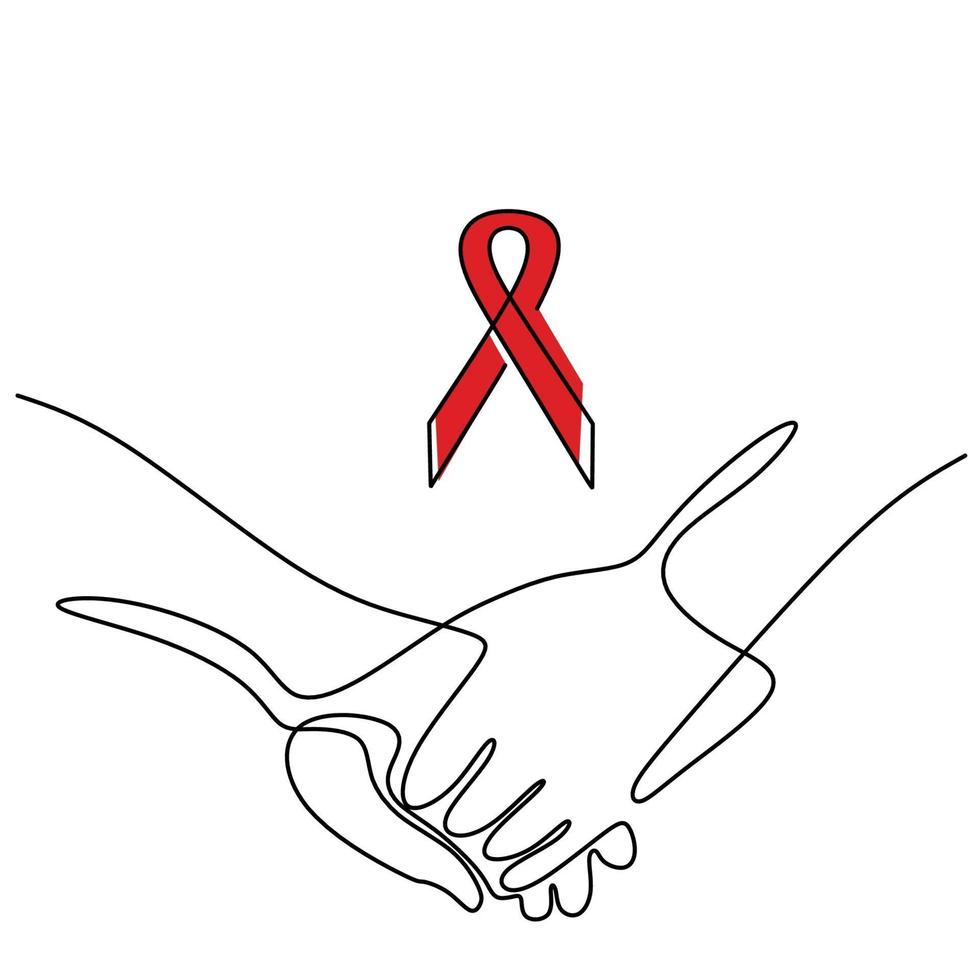 um desenho de linha da mão segurando um ao outro para evitar ajudas com o símbolo da fita vermelha. prevenção e proteção hiv ajudas. conceito mundial de aids dia 1 de dezembro. ilustração vetorial desenho de linha contínua vetor