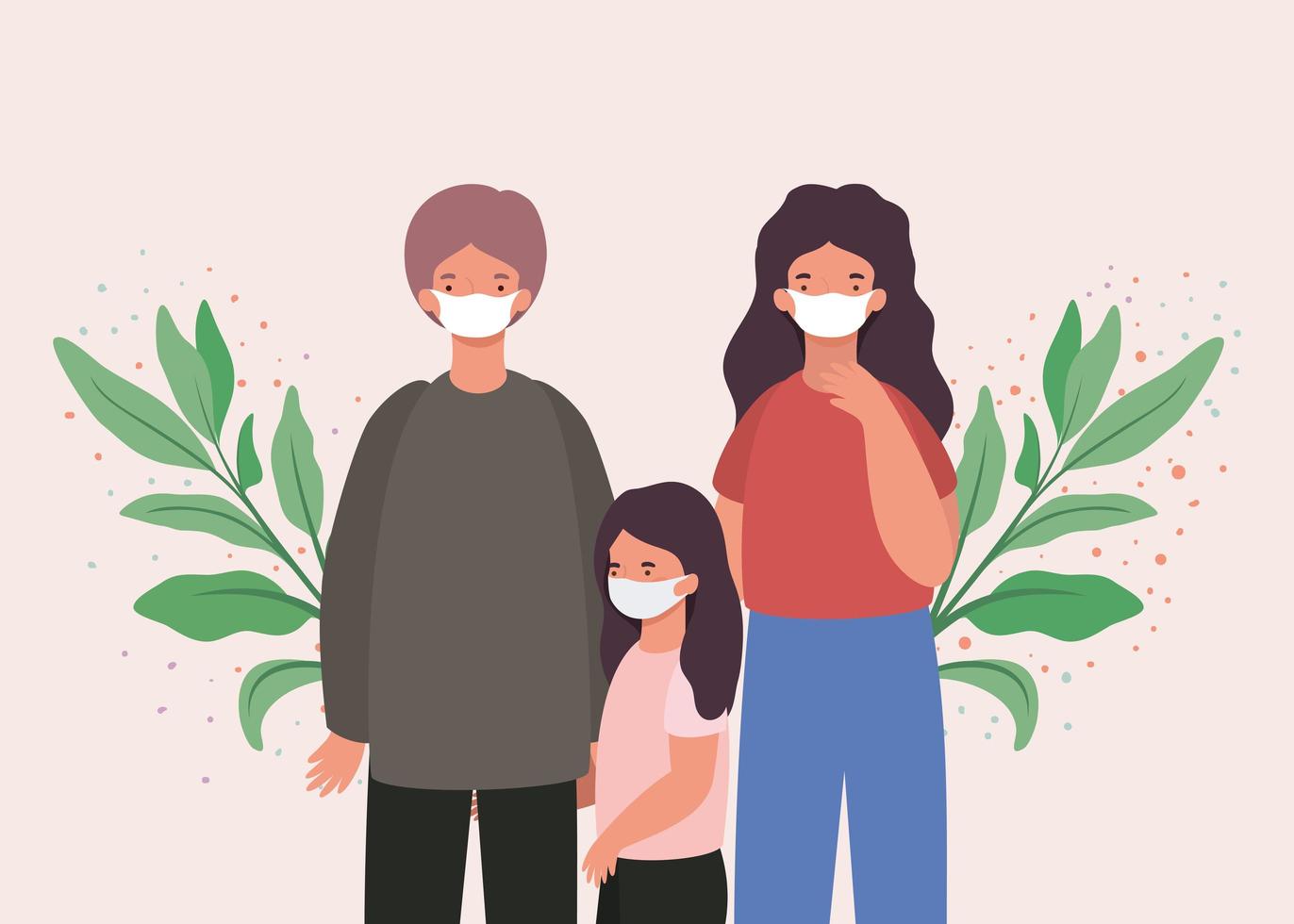 mãe, pai e filha com máscaras e folhas de desenho vetorial vetor
