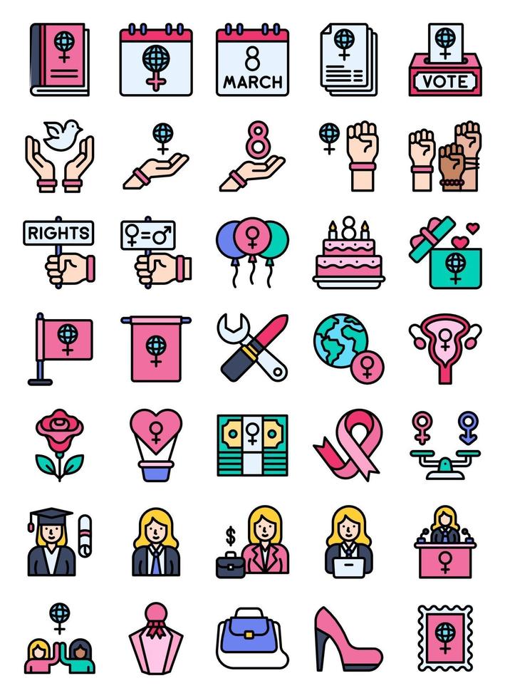conjunto de ícones preenchidos relacionado ao dia internacional da mulher vetor