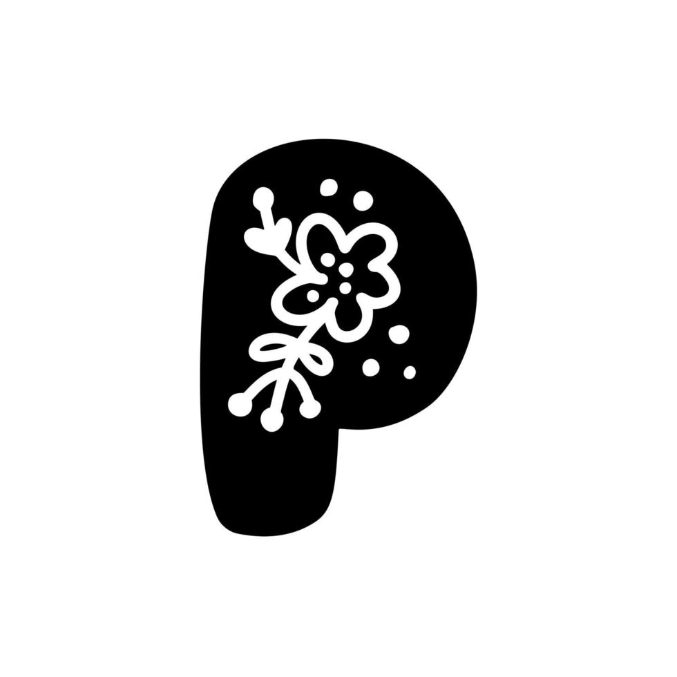Primavera de logotipo vintage floral negrito letra p. clássico p verão carta design vector com cor preta e mão floral desenhada com padrão monoline.