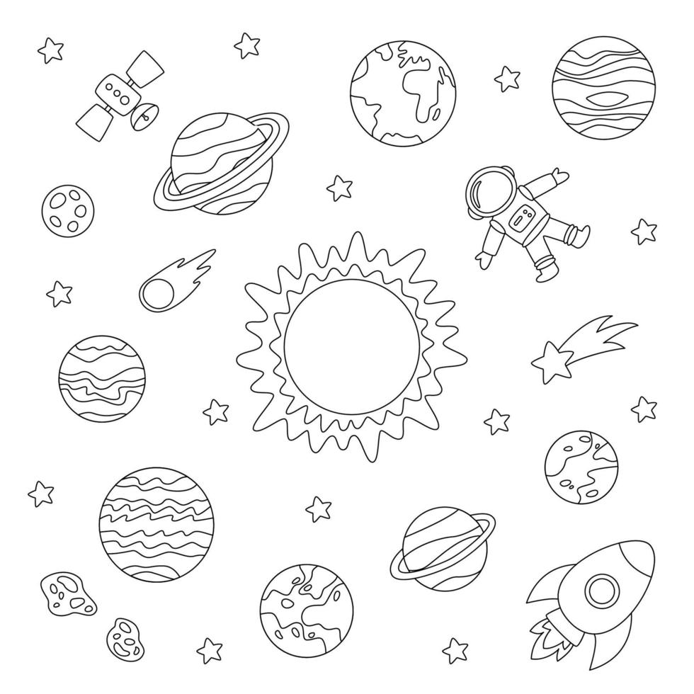 planetas do sistema solar de cores e astronauta. folha de colorir para crianças. vetor