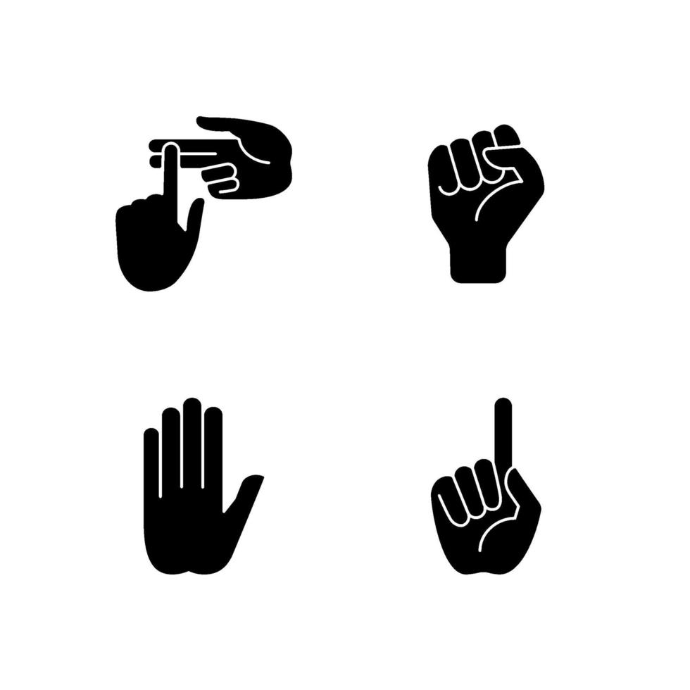 ícones de glifo preto com gestos de mão definidos no espaço em branco vetor