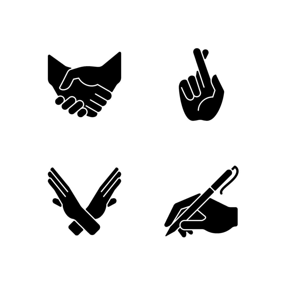 ícones de glifo preto com gestos de mão definidos no espaço em branco vetor
