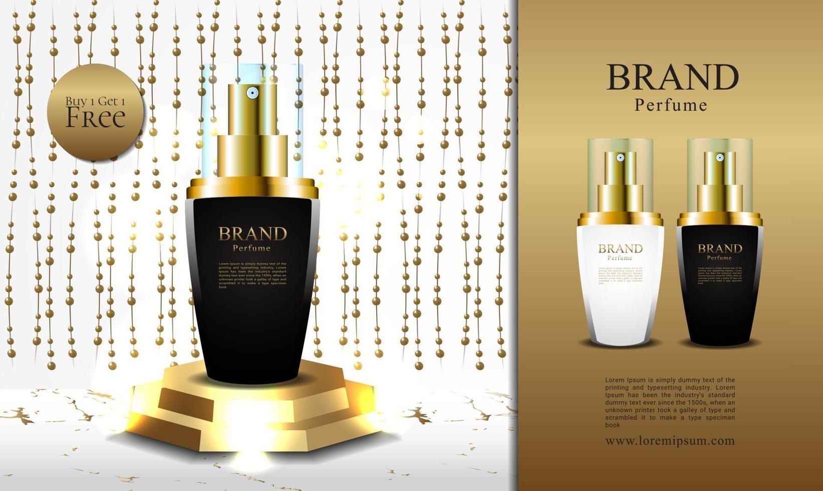 banner promoção de perfume de luxo compre 1 ganhe 1 com ilustração de embalagem 3D vetor