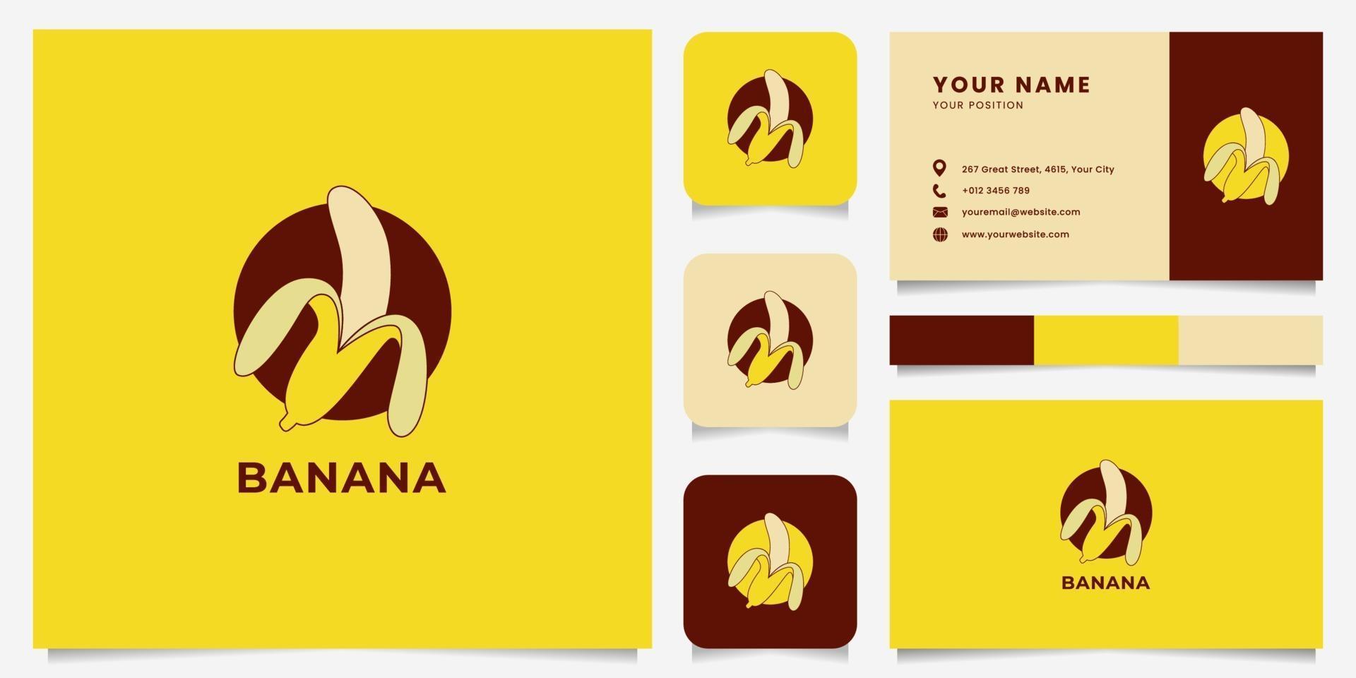 Logotipo colorido do emblema da banana descascada com modelo de cartão de visita vetor