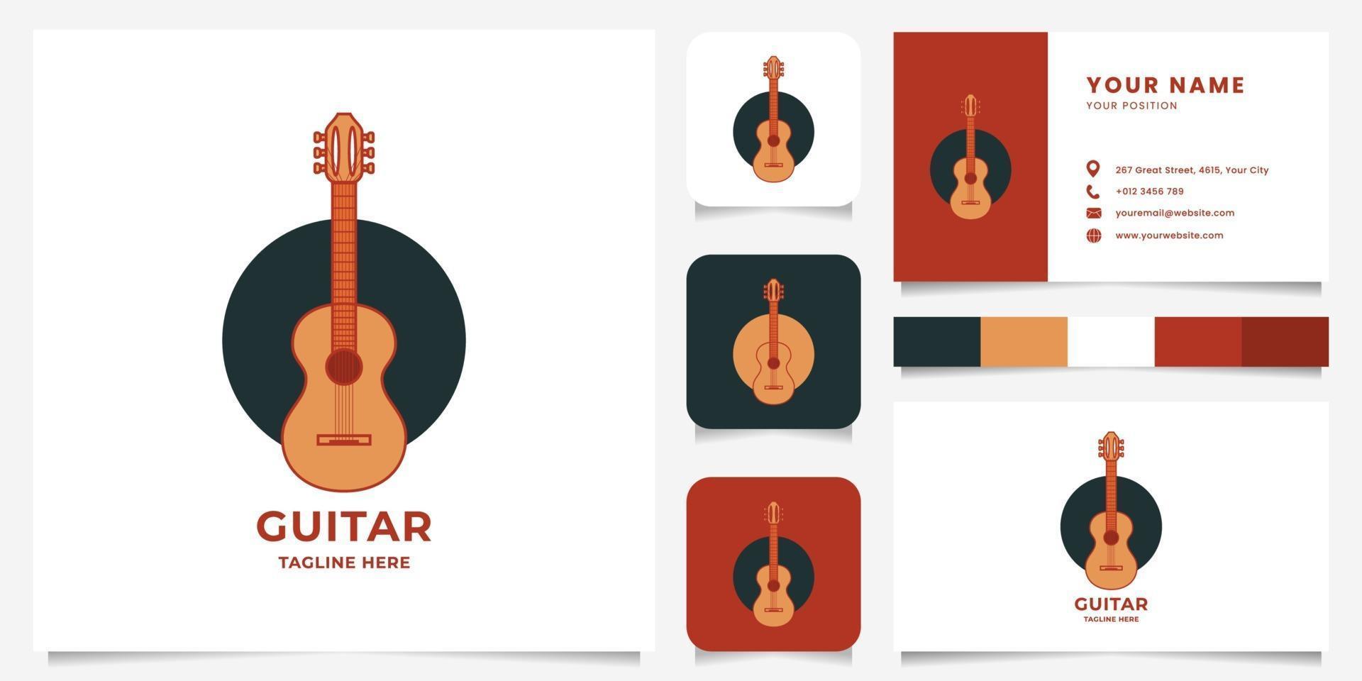 guitarra clássica colorida no logotipo do círculo com modelo de cartão de visita vetor