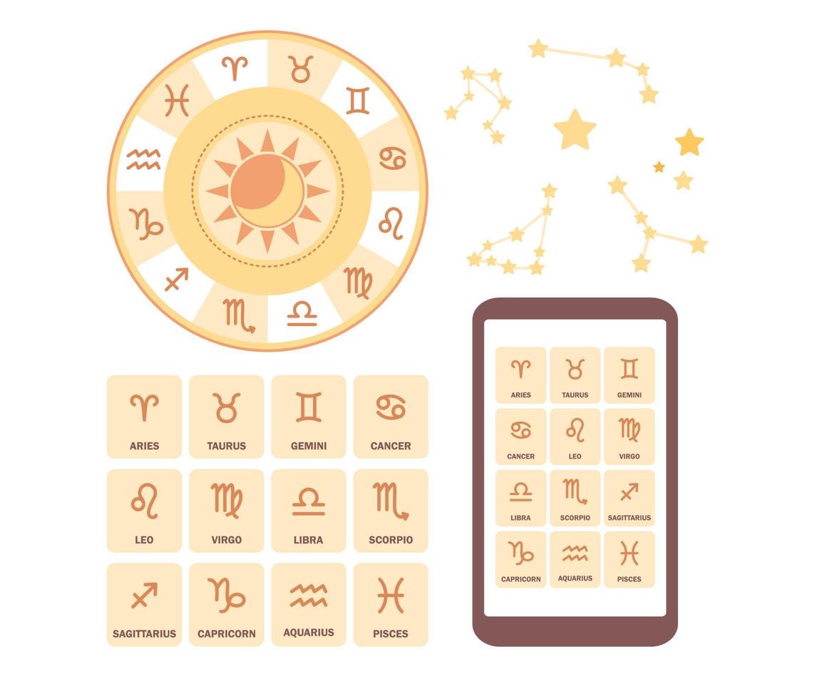 astrologia definir. conjunto do zodíaco sinais. constelações ícone. natal gráfico. astrológico previsão, esotérico, personalidade pesquisar. vetor plano ilustração