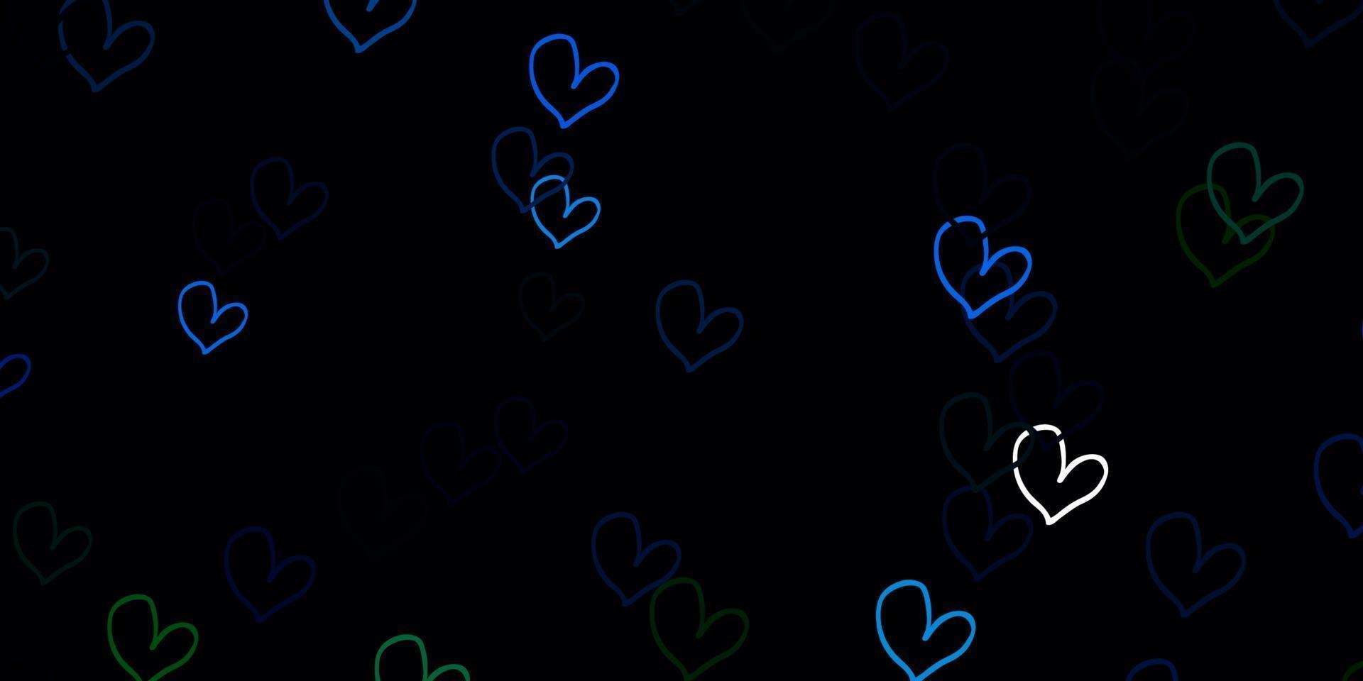 padrão de vetor azul claro, verde com corações coloridos.