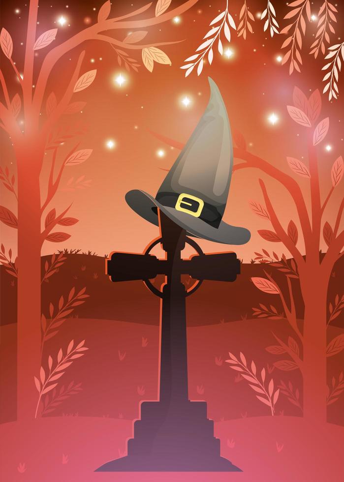 cartão de halloween com cena de cemitério e chapéu de bruxa vetor