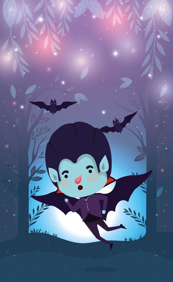 cena da temporada de halloween com criança fantasiada de vampiro vetor