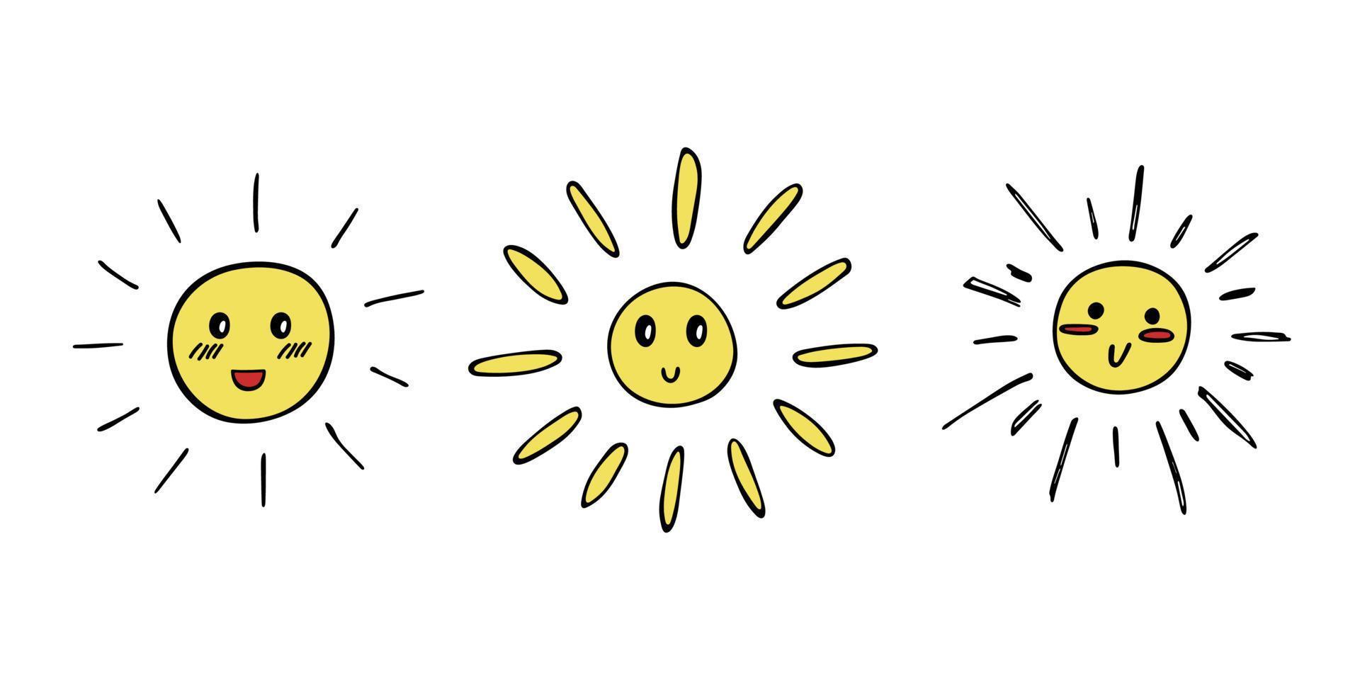 emoji de sol feliz desenhado à mão. conjunto de rabiscos de verão. elementos vetoriais para design vetor
