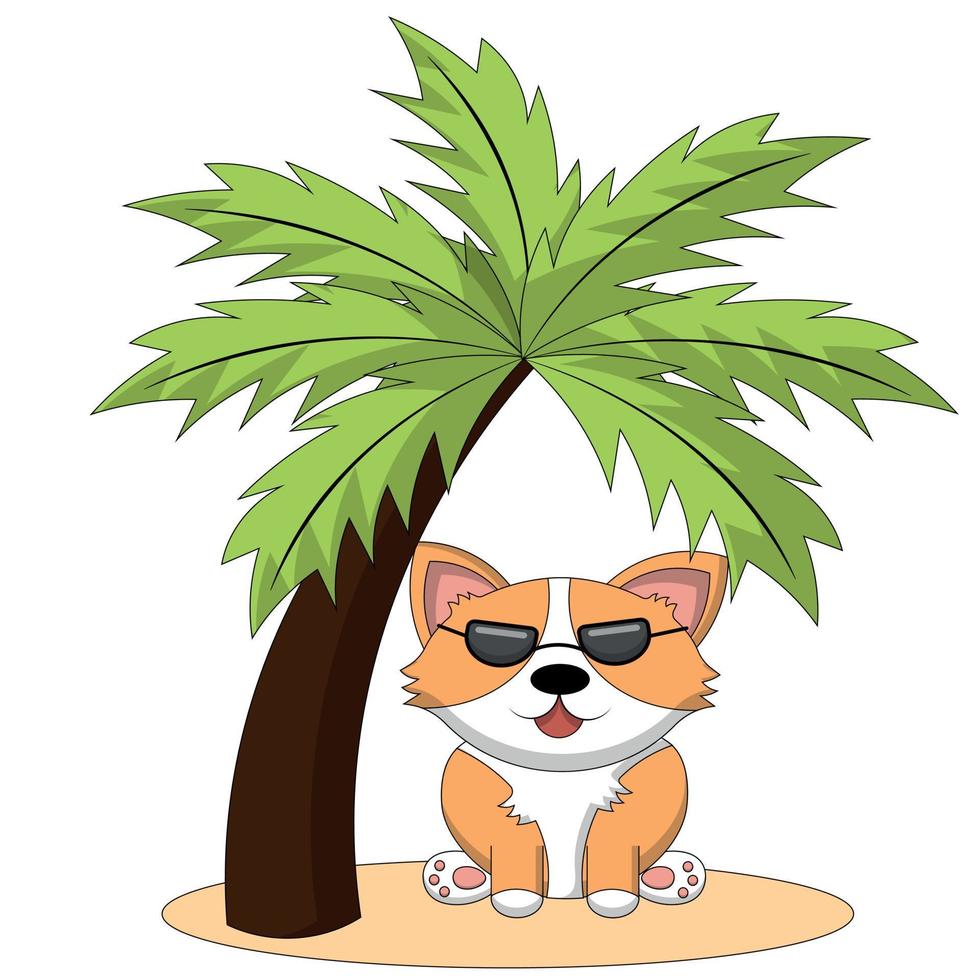 fofa corgi cachorro em a de praia debaixo uma Palma árvore dentro cor vetor